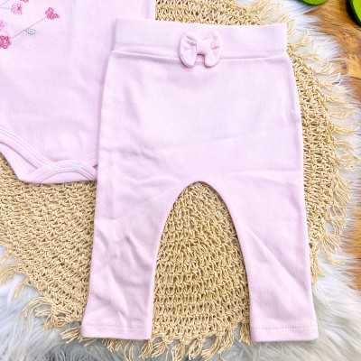  CONJ. DE MALHA 3 PEÇAS - Flores Bordadas e Gola Gripyr - Rosa Bebê